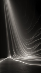 Abstract light streaks cascade over a textured surface, evoking a sense of ethereal movement and otherworldly landscapes.