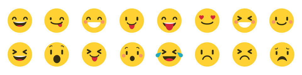 Set of emoji reactions for social media. Emoji reactions. Funny emoticons faces with facial expressions. Vector illustration eps 10
