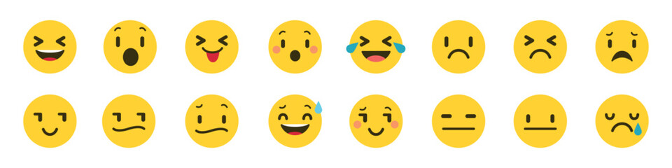 Set of emoji reactions for social media. Emoji reactions. Funny emoticons faces with facial expressions. Vector illustration eps 10
