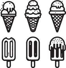 Black and White Ice Cream and Popsicle Line Art Icons – Minimalist Vector Set