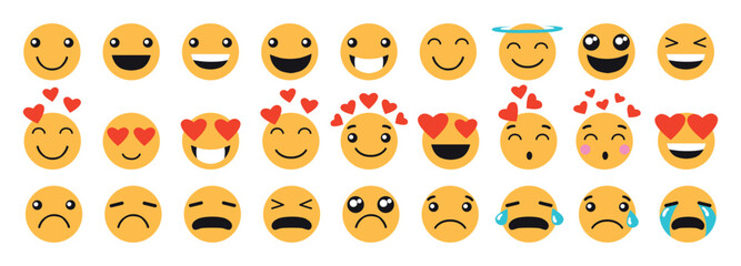 Set of emoji reactions for social media. Emoji reactions. Funny emoticons faces with facial expressions. Vector illustration eps 10