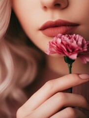 Fototapeta premium Close-up of a woman holding a pink carnation flower, softly lit with a blurred background