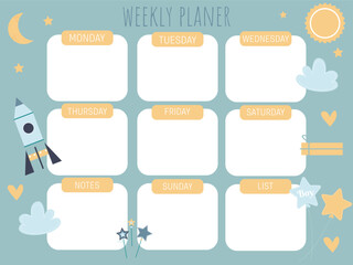 Weekly planner for children with rocket, clouds, moon and stars