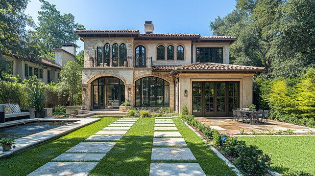 New luxury home with lush backyard, walkway to a ornate porch