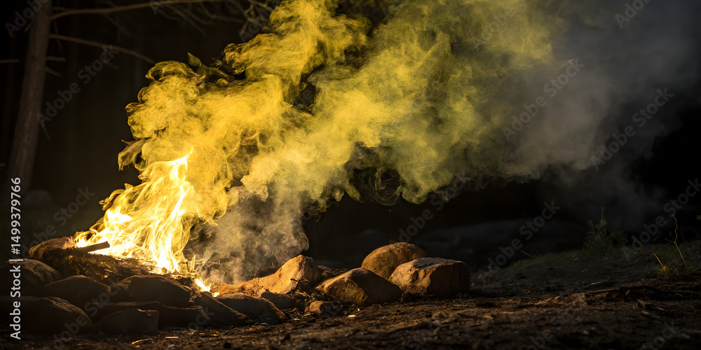 Fototapete Smoke with fire camp full transparent background  more fire ,Real smoke exploding outwards with empty center. Dramatic smoke or fog effect for spooky Halloween background.