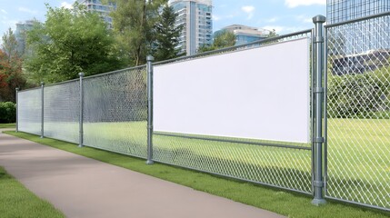 Blank banner on fence at outdoor sports event showcasing the venue and potential sponsorship opportunities for attendees and advertisers alike