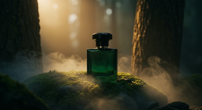 Enchanting forest perfume bottle resting on mossy rock bathed in sunlight, evokes nature's essence.
