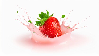 A single strawberry plunging into a splash of light pink liquid against a white background.