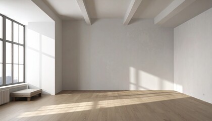 Sun-Drenched Minimalist Interior with Wooden Floor and Exposed Beams for Design Inspiration