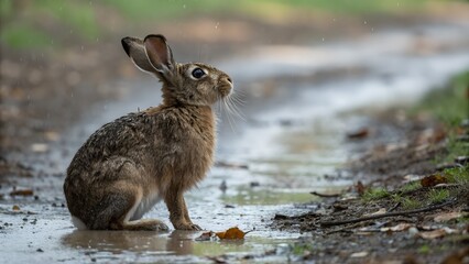 Obraz premium Wet rabbit after rain sitting near puddles