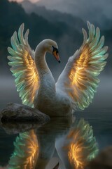 Obraz premium Majestic Swan with Glowing Wings on a Calm Lake at Dawn A serene and magical scene of nature's beauty