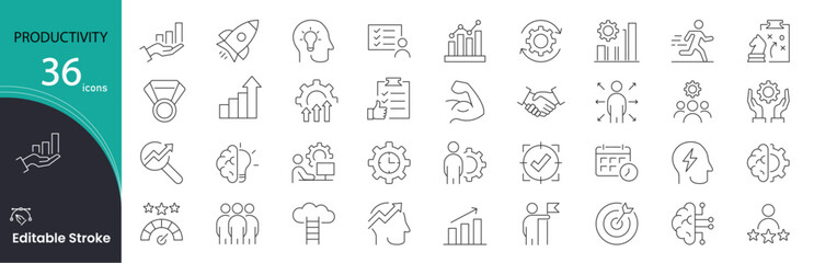 Productivity related icons set. Including task, goal, focus, time, checklist, planner, and efficiency. Editable stroke. outline icons.