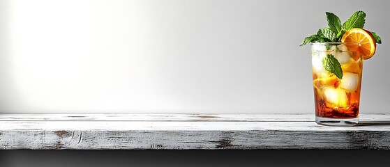 Iced tea drink, mint, orange, wood