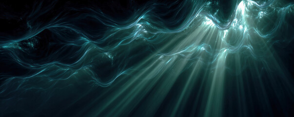 Mystical underwater scene with ethereal light filtering through the waves, creating a serene and mesmerizing atmosphere.