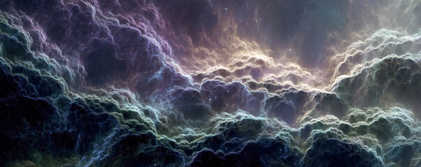 A mesmerizing nebula of swirling colors and textures, resembling ethereal clouds in space. An abstract cosmic panorama of light and shadows.