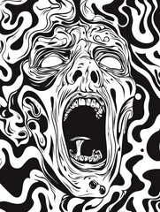 Screaming zombie face in a swirling pattern.