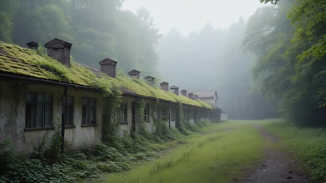Overgrown barracks in decaying forest base