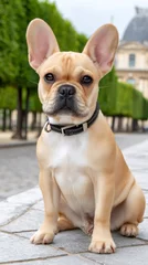 French bulldog puppy sitting in a park in Paris