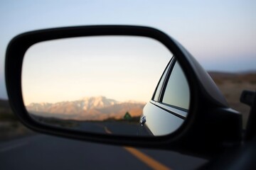 Fototapeta premium Car looking glass view of scenic landscape, concept of road trip and travel