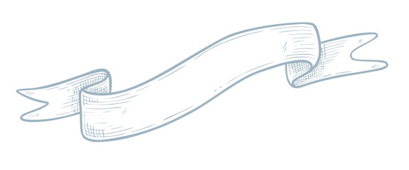 Obraz premium Hand drawn vector illustration of curled Ribbon. Linear pastel blue drawing for vintage designs, retro labels, invitations, and children celebration templates. Outline sketch of retro banner.