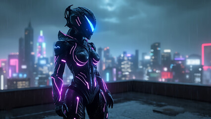 Cyberpunk female anime character 3d model in vibrant world