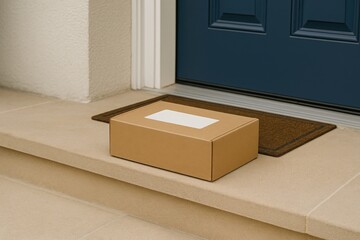 Kraft parcel box with blank label delivered to front door ideal for shipping delivery and contactless ecommerce visuals