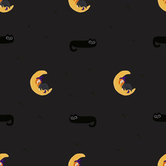 Seamless Halloween Pattern with Witch on Moon and Black Cat Flying Bats