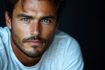 Fototapeta premium White Shirt Mockup with Contemplative Pose on Dark Background