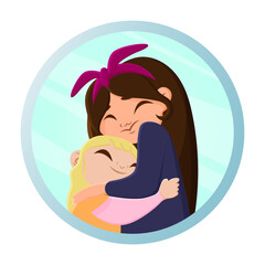 Happy sisters hug each other. Sweet girlfriends hug each other.