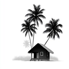 Tropical beach hut silhouette with palm trees