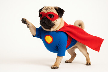 Funny pug in superhero costume on white background – pet wearing red cape and mask