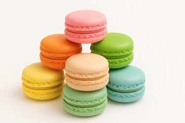 Obraz premium Colorful macarons stacked on white background – sweet French dessert display