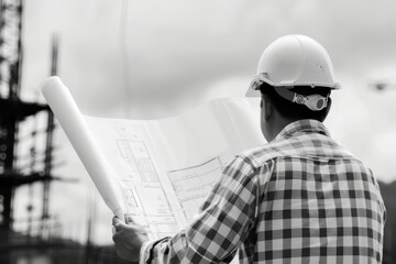 Man engineer reviewing construction plans on site. Black and white