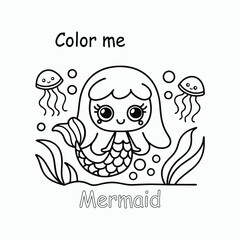 Kawaii Mermaid Coloring Page – Cute Underwater Scene with Jellyfish