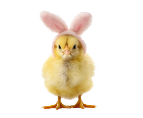 Cute chick wearing bunny ears for Easter celebration on a transparent background, cut out