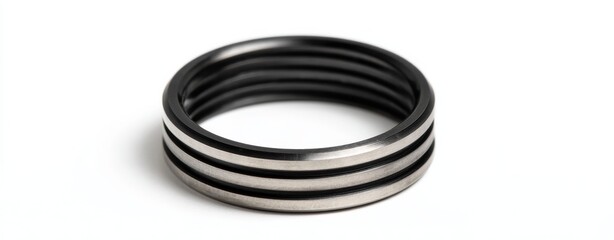 Naklejka premium Stainless steel flat ring with black layered design isolated on white background. High-resolution industrial product photography showcasing precision engineering and minimalist design