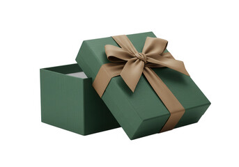 Open green gift box with beige ribbon isolated on transparent background