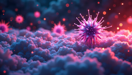 Microscopic virus, pink and purple, for medical research, with copy space