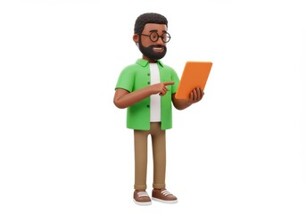 3D Illustration of Cartoon man with beard and glasses holding an orange tablet isolated on white background