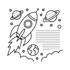 Space-Themed Cartoon Illustration: Rocket Ship and Celestial Elements
