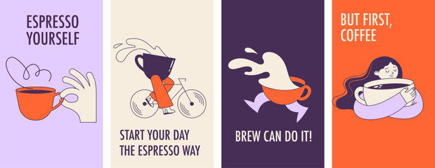 Hand drawn coffee quote posters with cute cartoon characters