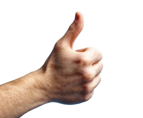 Hand gesture of approval with a thumbs up sign for encouragement on a transparent background, cut out