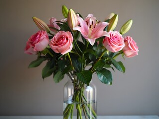 Fototapeta premium Pink tulips in a glass vase, a beautiful spring bouquet of blossom flowers