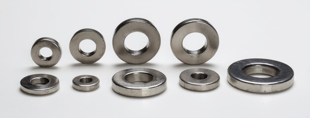 Assorted magnet flat washers in different sizes and shapes isolated on white background. Hardware, construction, and industrial components concept