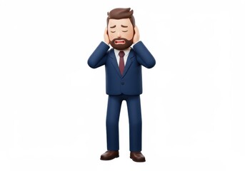 Obraz premium 3D Illustration of Cartoon businessman in suit covering ears, showing stress and anxiety isolated on white background