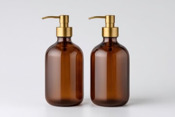 Two amber glass soap dispensers with gold pumps