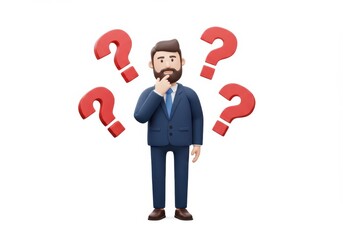 3D Illustration of Cartoon businessman in suit surrounded by red question marks isolated on white background pondering a solution