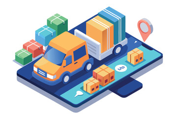 Obraz premium Delivery of Goods, Mobile Applications, Truck, Boxes, Smartphone, Navigation Icon, 3D Vector Design. For Logistics Design Concepts.