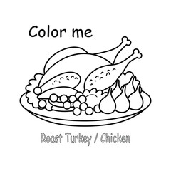vector illustration of an  Roast Turkey, Chicken outline coloring page for kids.