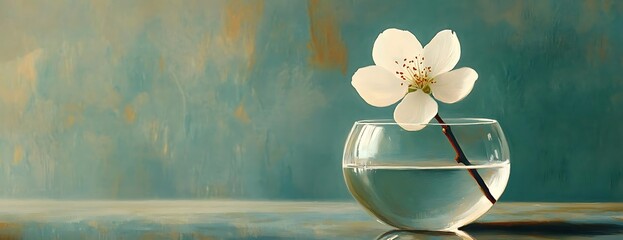 Single bloom in glass, teal background